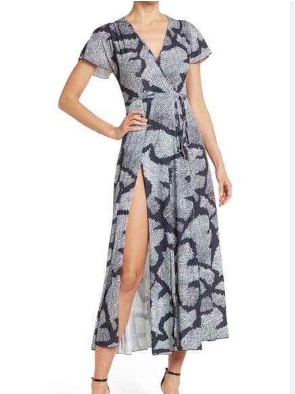 French Connection Remi midi dress navy blue and white print v-neckline